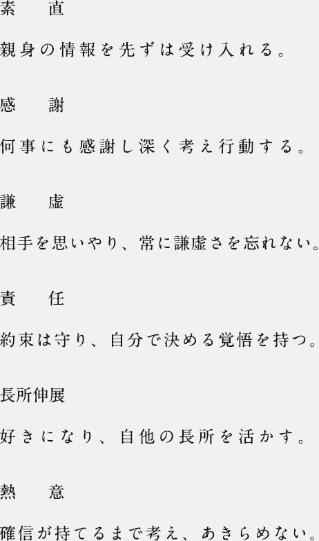 素直 親身の情報を先ずは受け入れる。感謝 何事にも感謝し深く考え行動する。謙虚 相手を思いやり、常に謙虚さを忘れない。責任 約束は守り、自分で決める覚悟を持つ。長所伸展 好きになり、自他の長所を活かす。熱意 確信が持てるまで考え、あきらめない。